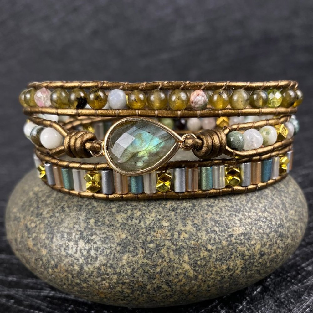 Labradorite Bohemian 3 Strand Handmade Ethnic Leather Healing Yoga Wrap Bracelet